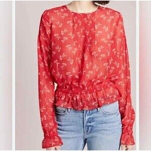 The Kooples red sheer floral dandelion peplum top Pleated size 1 Small